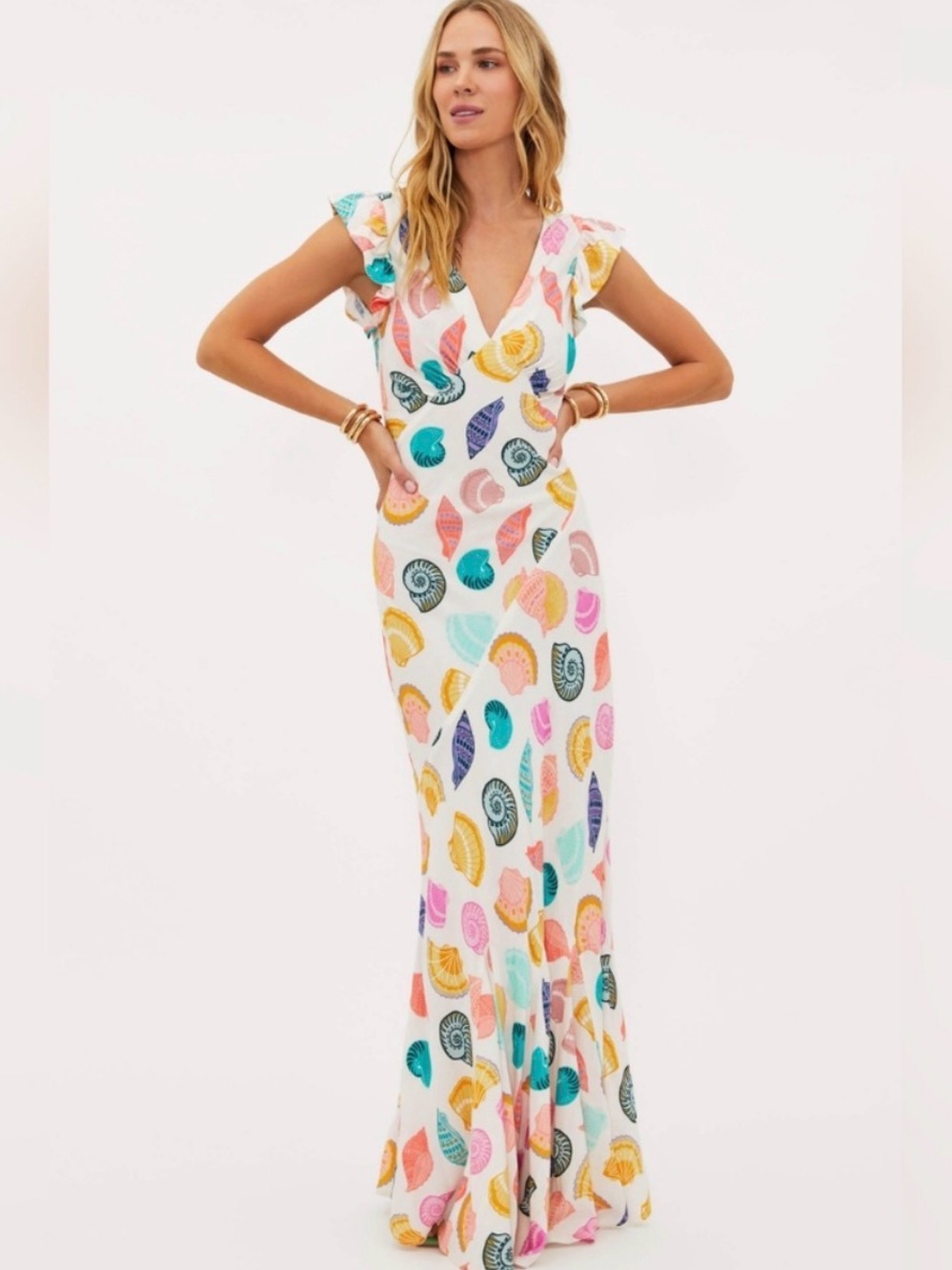 White Multicolor Shell-Print Maxi Dress